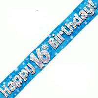 Happy 16th Birthday Blue Holographic Banner