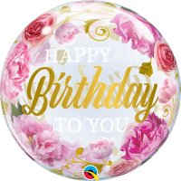 22" Happy Birthday To You Pink Peonies Single Bubble Balloons