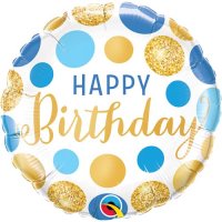 18" Blue & Gold Dots Happy Birthday Foil Balloons