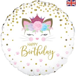 (image for) 18" Happy Birthday Floral Kitten Holographic Foil Balloons