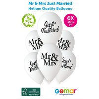 (image for) 13" Mr And Mrs Just Married Retail Latex Balloons 6pk