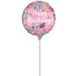 (image for) 9" Satin Happy Birthday Peony Flowers Air Fill Foil Balloons