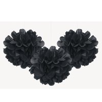 9" Black Puff Tissue Decorations 3pk