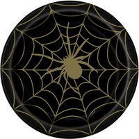 9" Black & Gold Spider Web Paper Plates 8pk