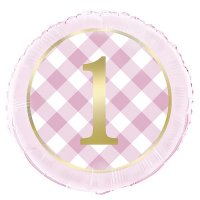 18" Pink Gingham First Birthday Foil Balloons