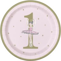 (image for) 9" Pink And Gold 1st Birthday Ballerina Paper Plates 8pk