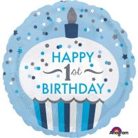 18" 1st Birthday Cupcake Boy Holographic Foil Balloons