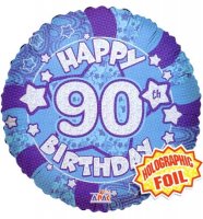 18" 90th Birthday Blue Holographic Balloons