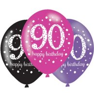 (image for) 11" Pink Celebration 90th Birthday Latex Balloons 6pk