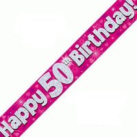 Happy 50th Birthday Pink Holographic Banner