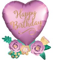 (image for) Happy Birthday Satin Heart With Flowers Supershape Balloons