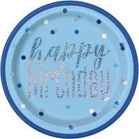 Happy Birthday Blue & Silver Glitz Paper Plates 8pk