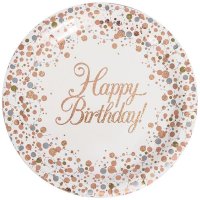 Happy Birthday Sparkling Fizz Rose Gold Paper Plates 8pk