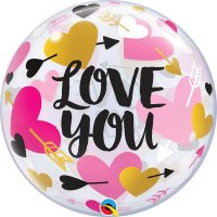 22" Love You Hearts & Arrows Single Bubble Balloons