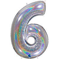 40" Grabo Holographic Silver Glitter Number 6 Shape Balloons