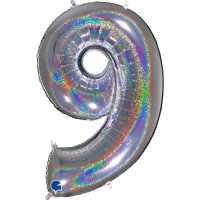 40" Grabo Holographic Silver Glitter Number 9 Shape Balloons