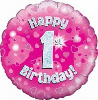 (image for) 18" Happy 1st Birthday Pink Holographic Balloons