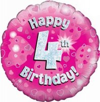 (image for) 18" Happy 4th Birthday Pink Holographic Balloons