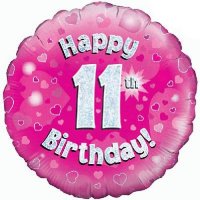 18" Happy 11th Birthday Pink Holographic Balloons