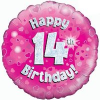 18" Happy 14th Birthday Pink Holographic Balloons