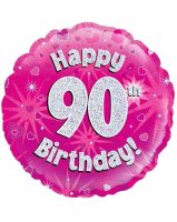 18" Happy 90th Birthday Pink Holographic Balloons