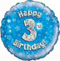 18" Happy 3rd Birthday Blue Holographic Balloons
