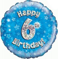 18" Happy 6th Birthday Blue Holographic Balloons