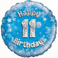 18" Happy 11th Birthday Blue Holographic Balloons