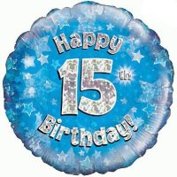 18" Happy 15th Birthday Blue Holographic Balloons