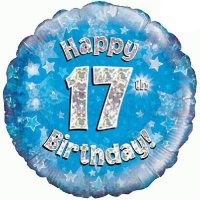 18" Happy 17th Birthday Blue Holographic Balloons