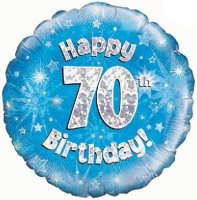 18" Happy 70th Birthday Blue Holographic Balloons