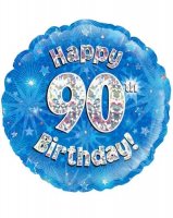 18" Happy 90th Birthday Blue Holographic Balloons
