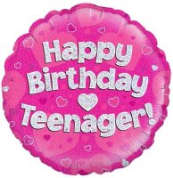 18" Happy Birthday Teenager Pink Holographic Balloons
