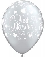 11" Silver Just Married Hearts Latex Balloons 25pk