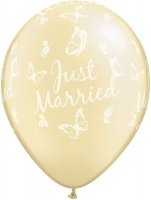 11" Pearl Ivory Just Married Butterflies Latex Balloons 25pk