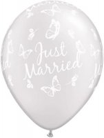 11" Pearl White Just Married Butterflies Latex Balloons 25pk