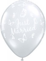 11" Diamond Clear Just Married Butterflies Latex Balloons 25pk