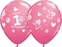 (image for) 11" 1st Birthday Circle Hearts Girl Latex Balloons 25pk