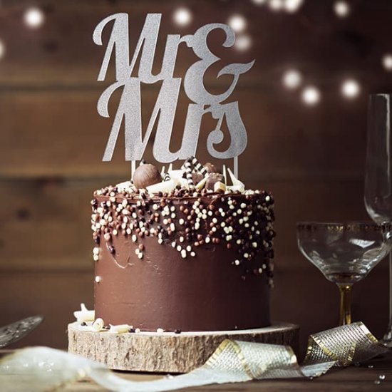 Silver Glitter Mr & Mrs Cake Topper - Click Image to Close