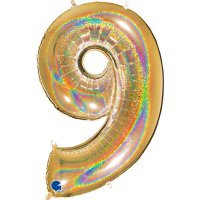 40" Grabo Gold Holographic Glitter Number 9 Shape Balloons