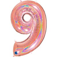 (image for) 40" Grabo Rose Gold Holographic Glitter Number 9 Shape Balloons