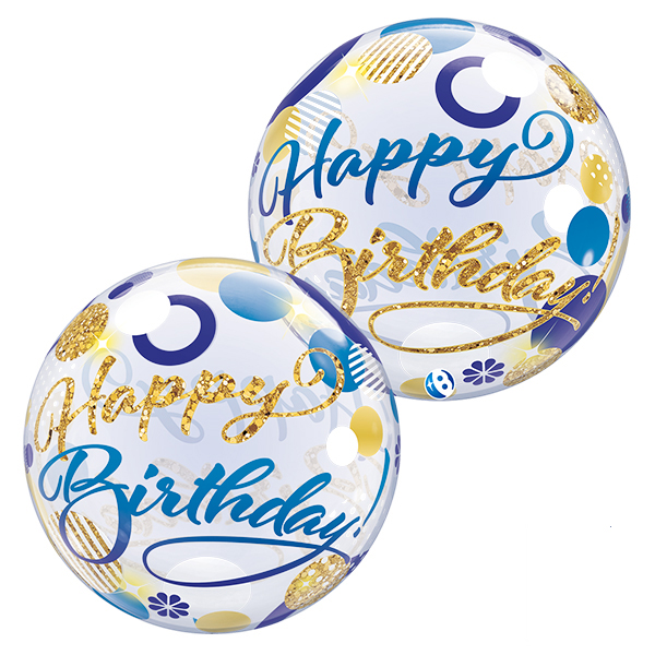 22" Happy Birthday Blue & Golds Dots Stretchy Bubble Balloons