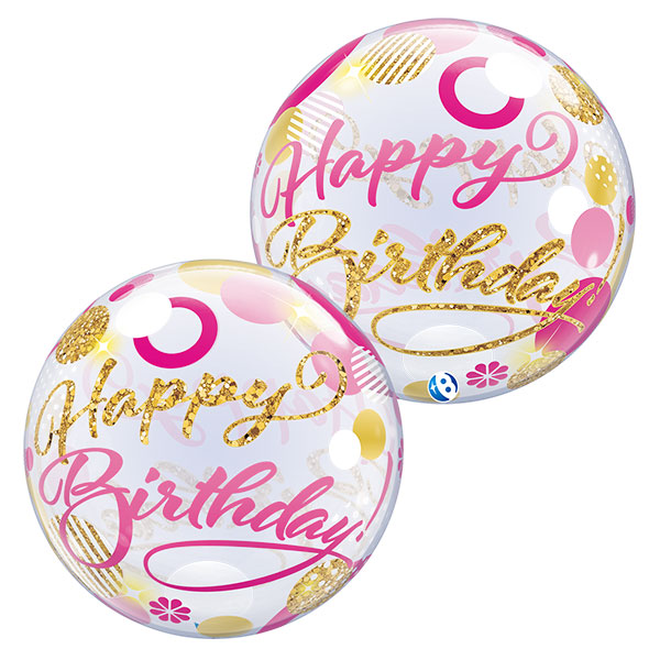 22" Happy Birthday Pink & Golds Dots Stretchy Bubble Balloons