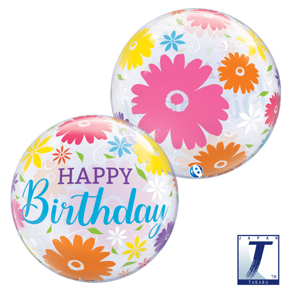 22" Happy Birthday Flowers & Filigree Stretchy Bubble Balloons