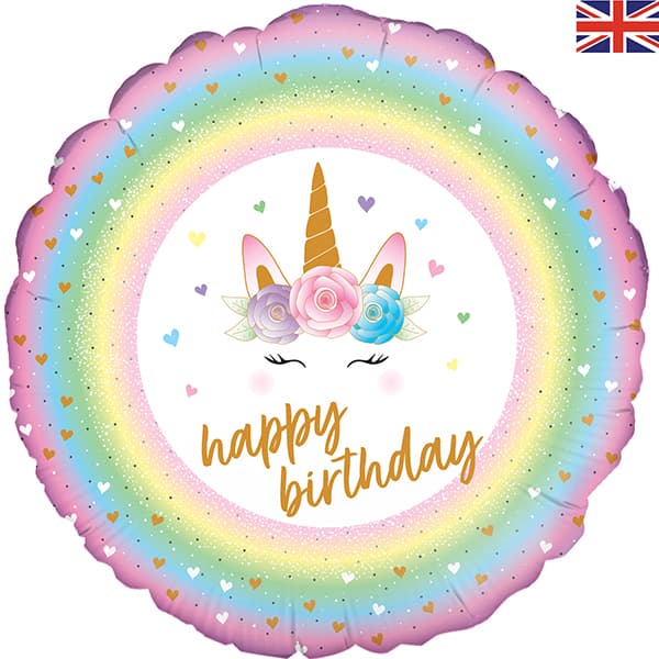 (image for) 18" Flowers Unicorn Happy Birthday Holographic Foil Balloons