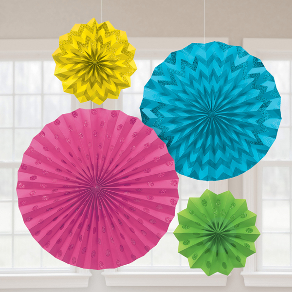 (image for) Multi Colour Glitter Paper Fans 4pk