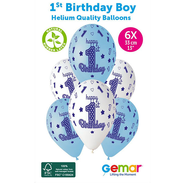13" Blue & White 1st Birthday Boy Retail Latex Balloons 6pk