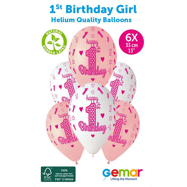 13" Pink & White 1st Birthday Girl Retail Latex Balloons 6pk