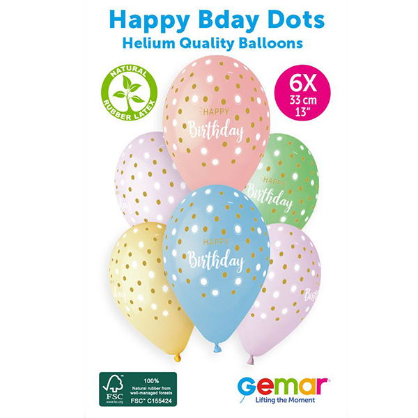 (image for) 13" Happy Birthday Golden Dots Retail Latex Balloons 6pk