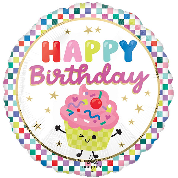 18" Happy Birthday Vibrant Cupcakes Foil Balloons